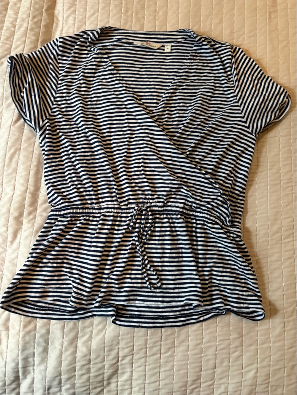 Vineyard Vines Navy and White Striped V Neck Wrap Tee with Drawstring Waist
